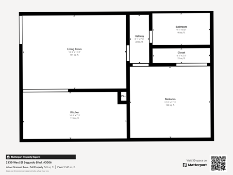 Floor plan for 1 bed, 1 bath, 557 sqft
